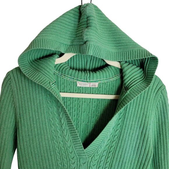Old Navy Y2K Ribbed Cable Knit Hooded Sweater Womens Medium M Green Deep V Neck - Picture 3 of 10
